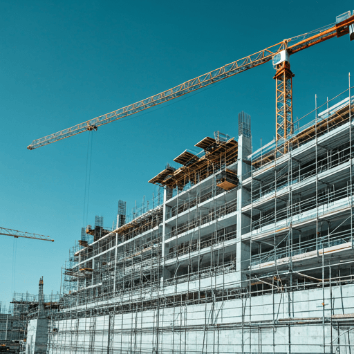 Modern industrial construction site with architectural scaffolding
