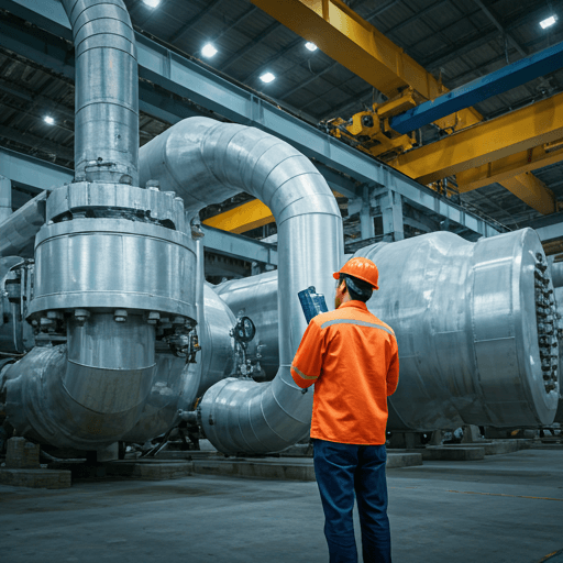 Mechanical engineer inspecting industrial pipes and machinery