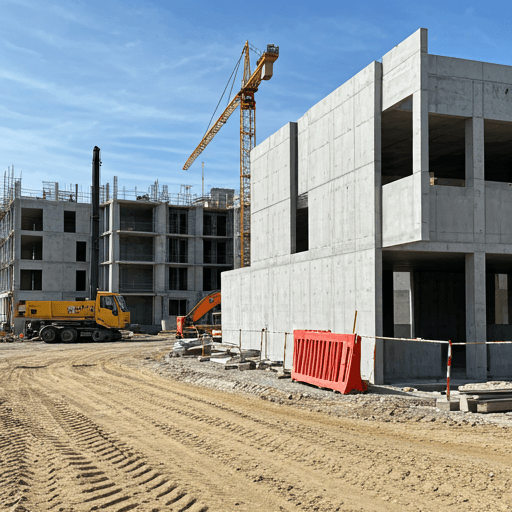 Commercial construction site with structural steel frame